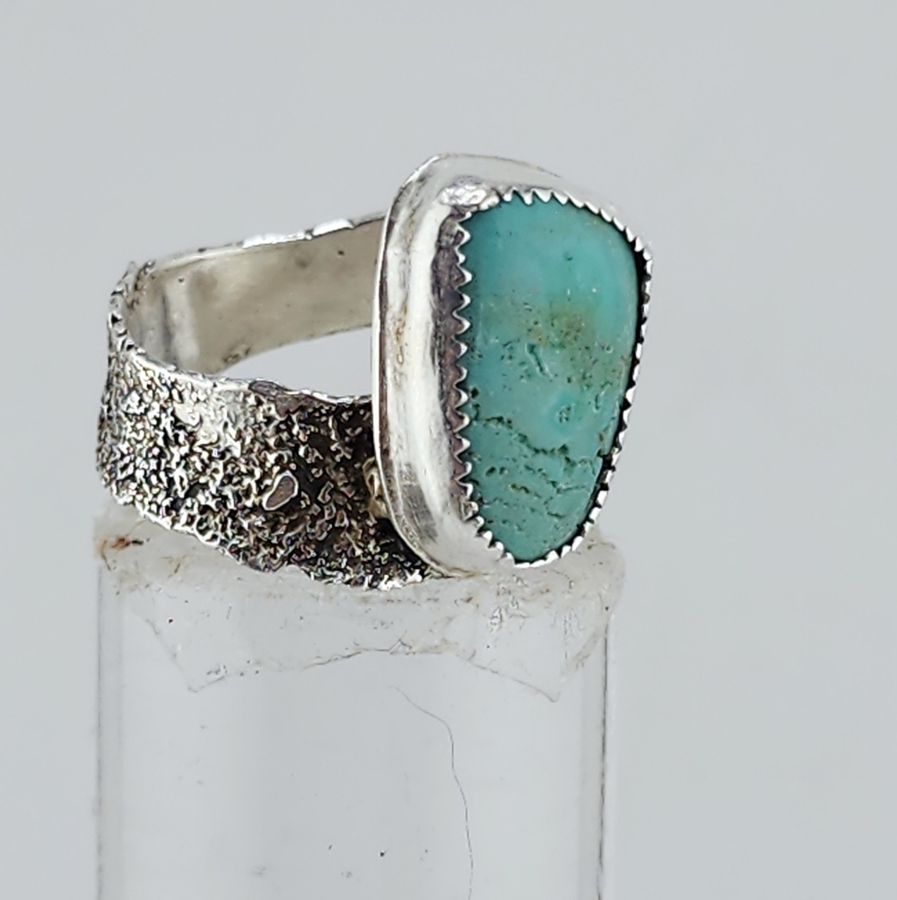 TURQUOISE RING HANDMADE IN RECYCLED STERLING SILVER BRUTALIST STYLE SZ 9